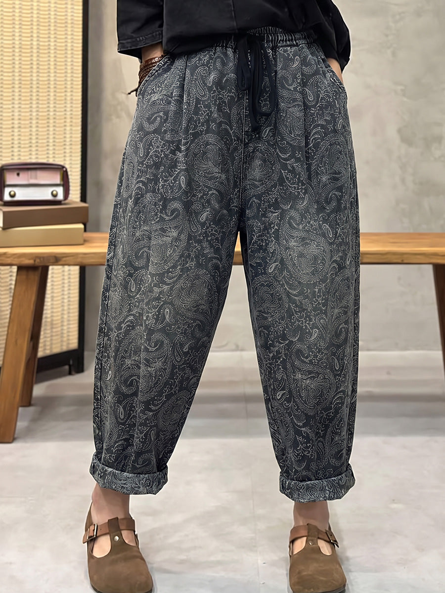 Plus Size Women Retro Flower Denim Harem Pants