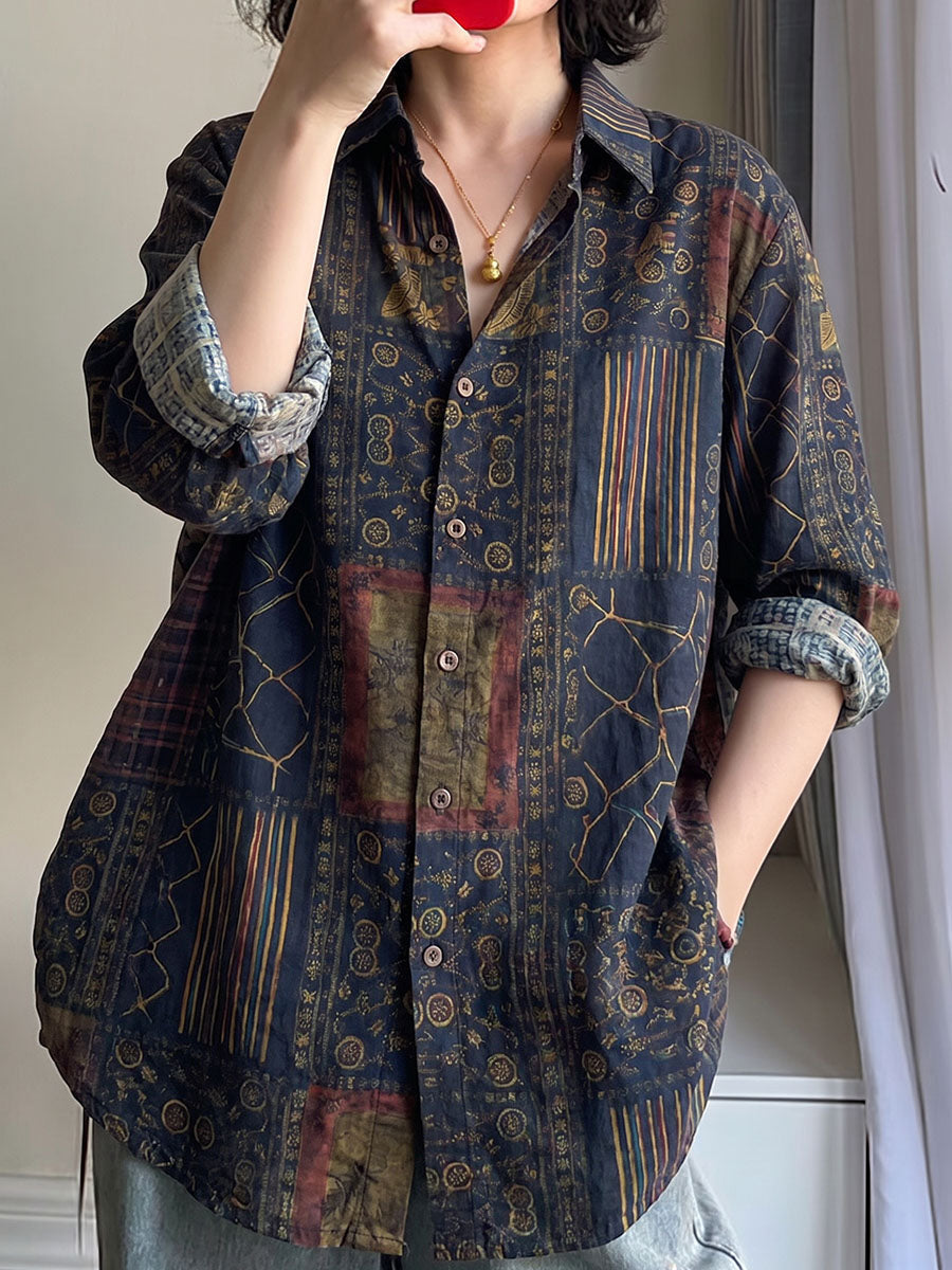 Plus Size Women Ethnic Flower Turn-down Collar Long Sleeve Shirt