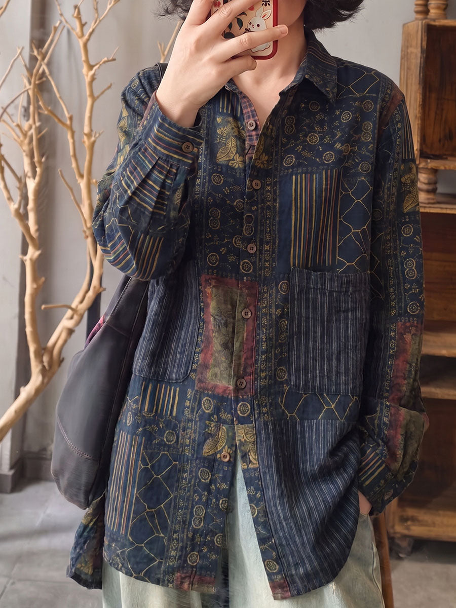 Plus Size Women Ethnic Flower Turn-down Collar Long Sleeve Shirt