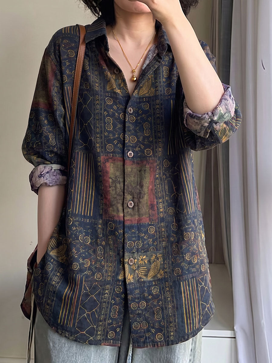 Plus Size Women Ethnic Flower Turn-down Collar Long Sleeve Shirt