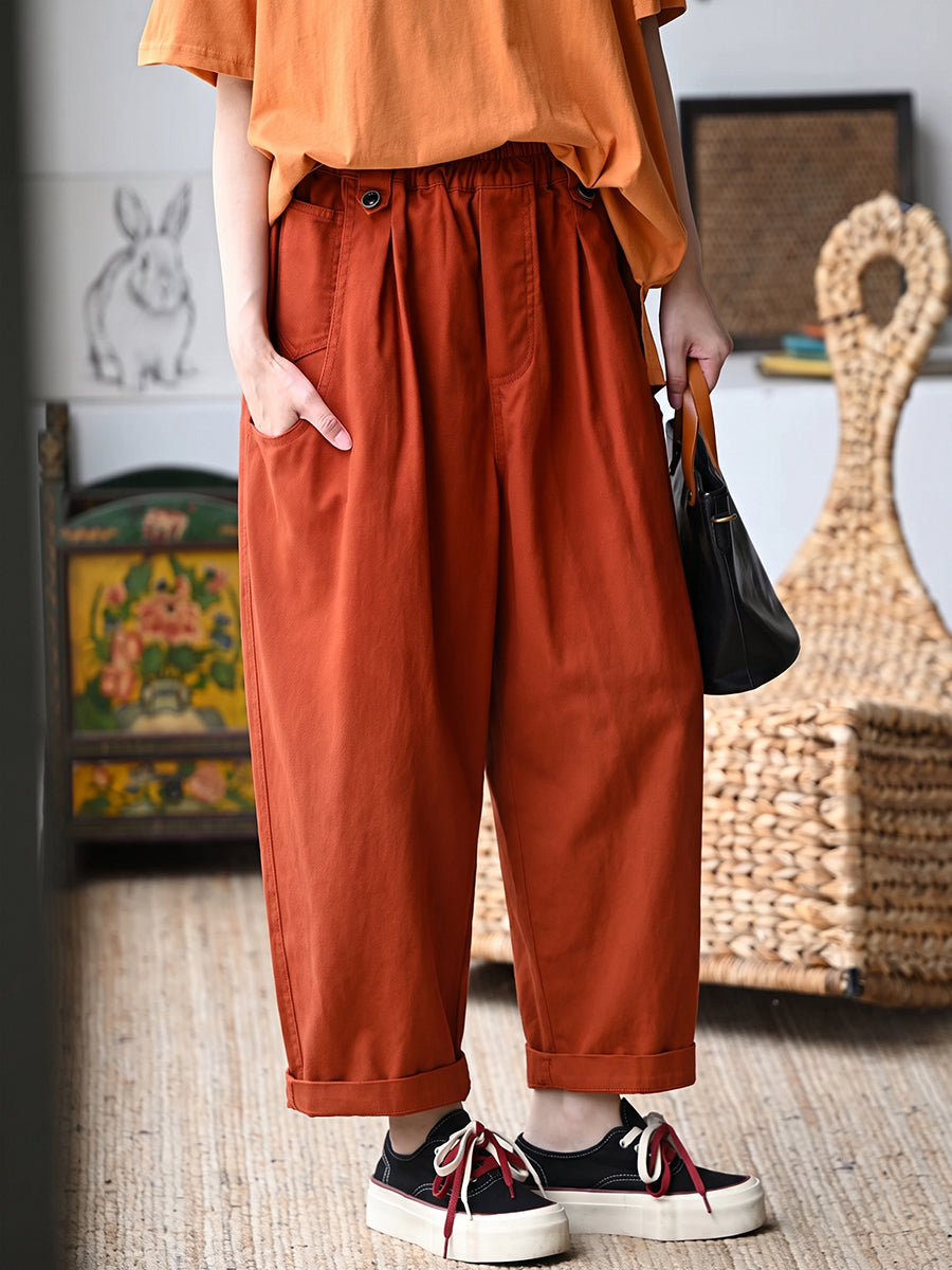 Plus Size Women Pure Color Wide-leg 100%Cotton Pants