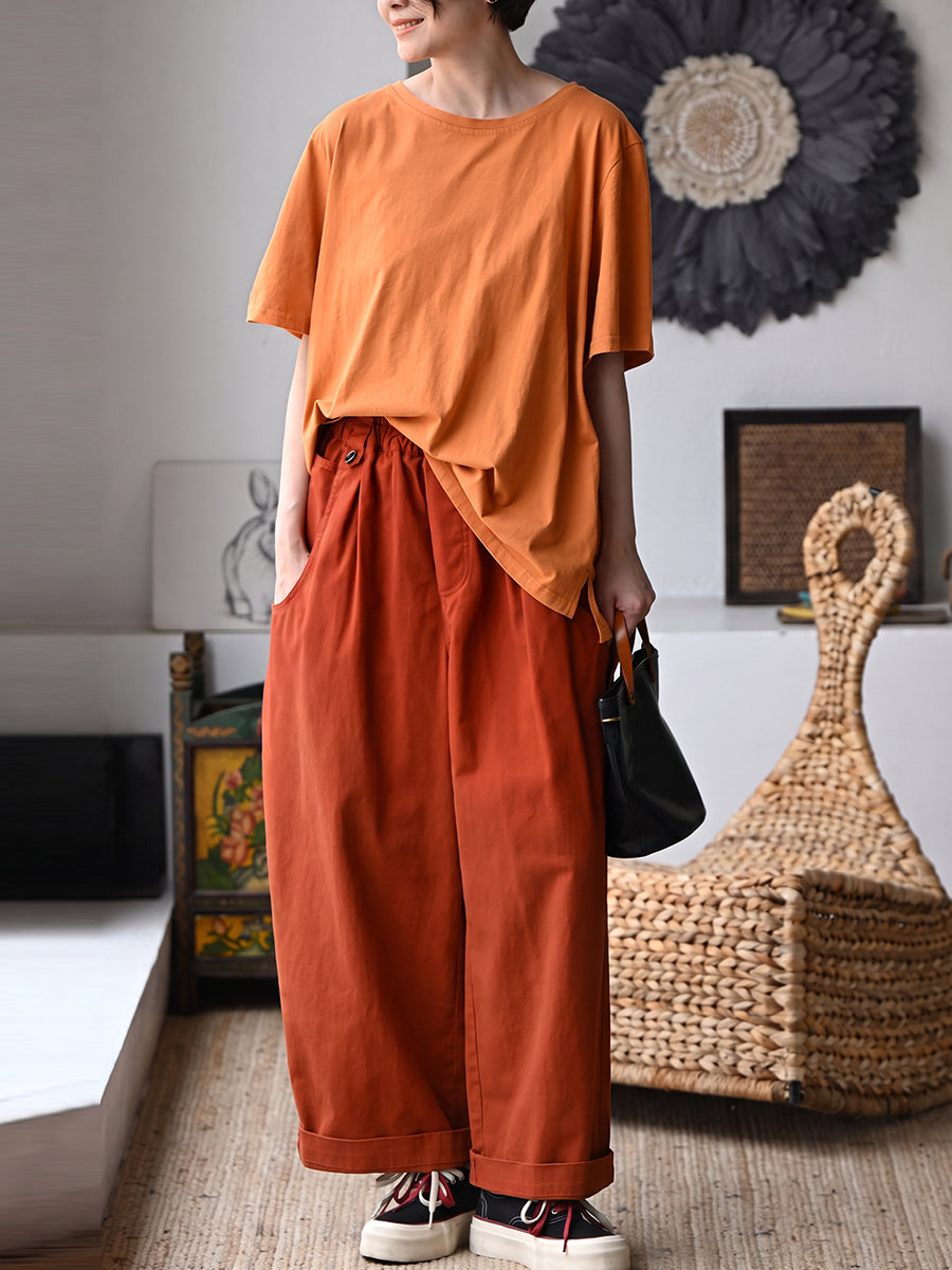 Plus Size Women Pure Color Wide-leg 100%Cotton Pants