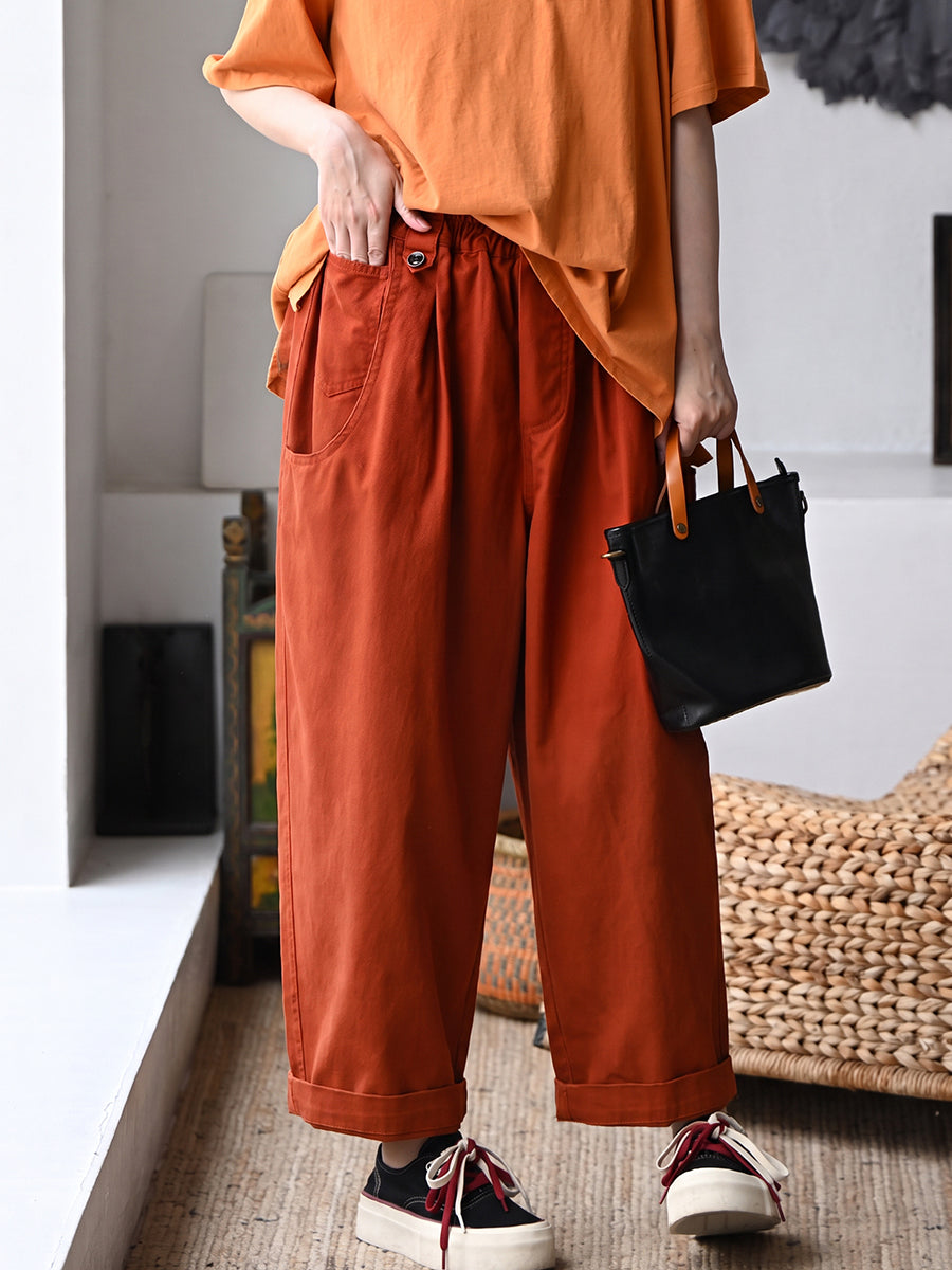 Plus Size Women Pure Color Wide-leg 100%Cotton Pants