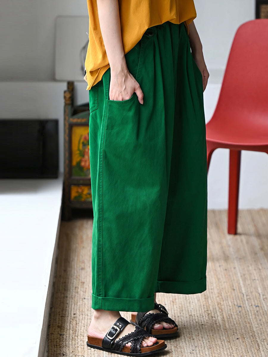 Plus Size Women Pure Color Wide-leg 100%Cotton Pants