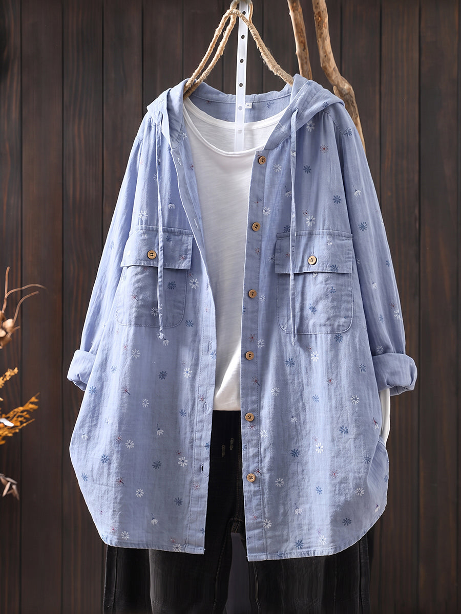 Plus Size Women Literary Print Drawstring Hooded Shirt