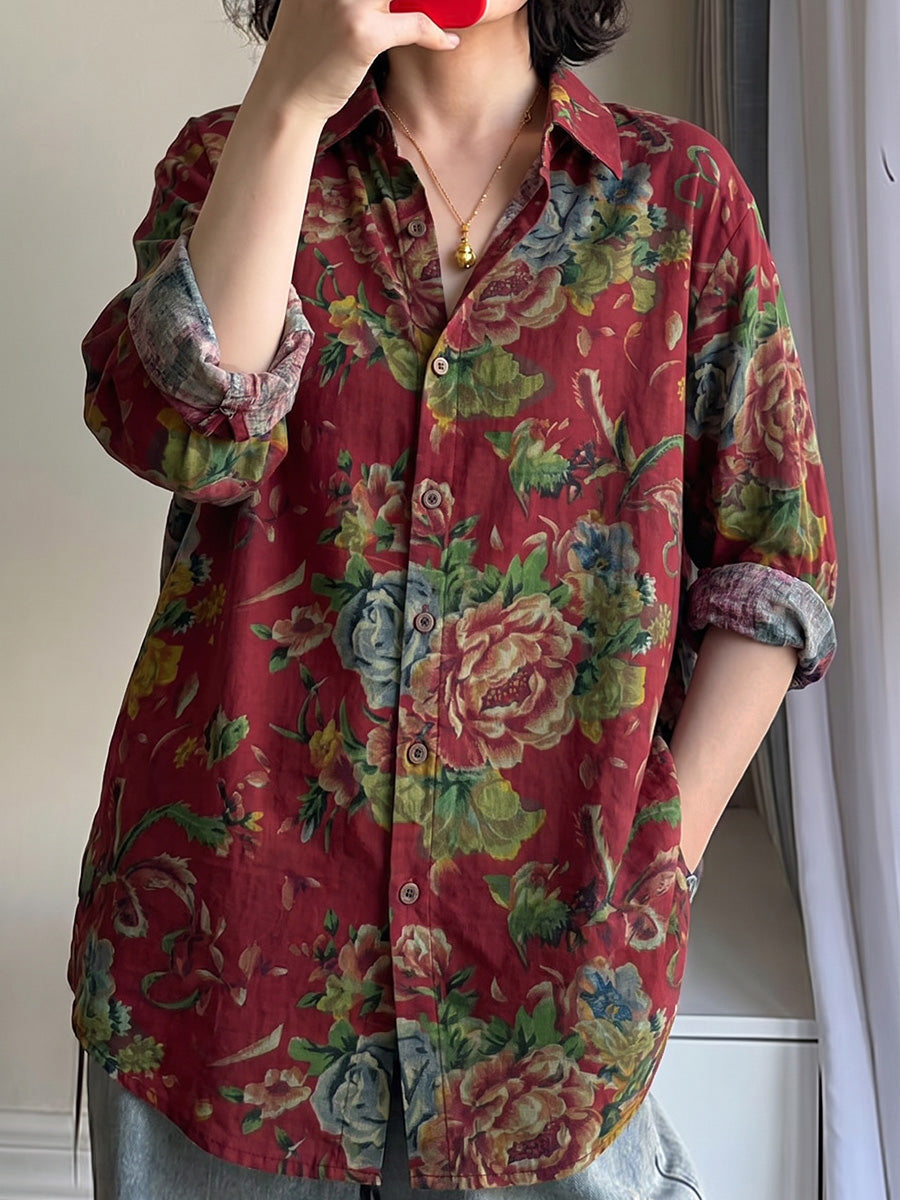 Plus Size Women Ethnic Flower Turn-down Collar Long Sleeve Shirt