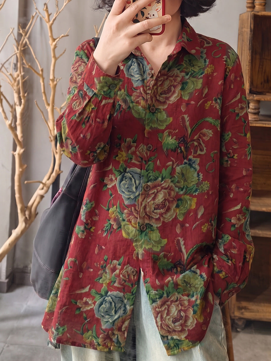 Plus Size Women Ethnic Flower Turn-down Collar Long Sleeve Shirt