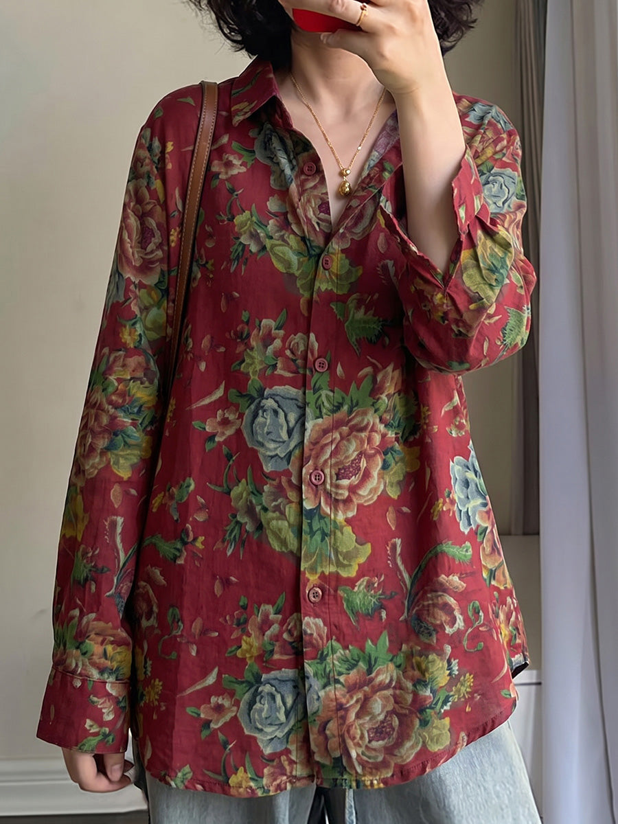 Plus Size Women Ethnic Flower Turn-down Collar Long Sleeve Shirt