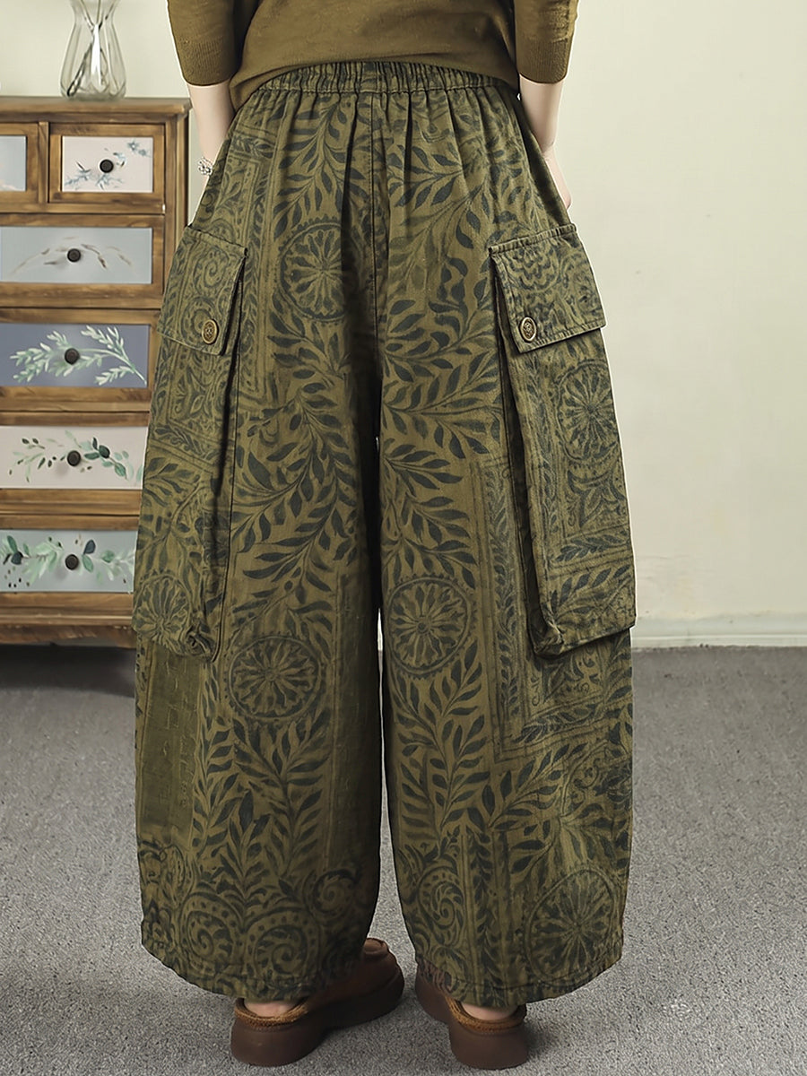 Plus Size Women Vintage Botanical Print Cargo Big Pocket Casual Loose Pants
