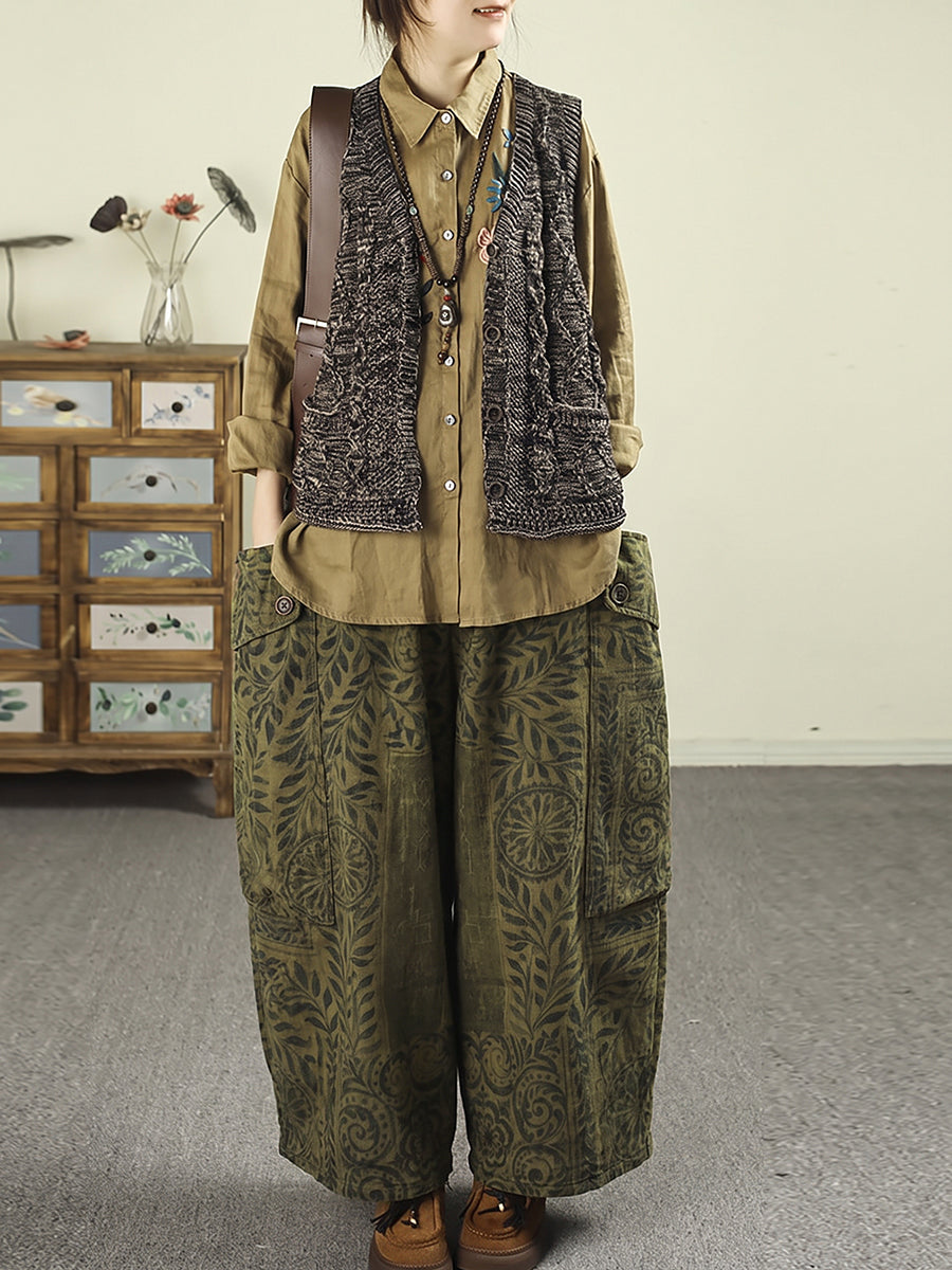 Plus Size Women Vintage Botanical Print Cargo Big Pocket Casual Loose Pants