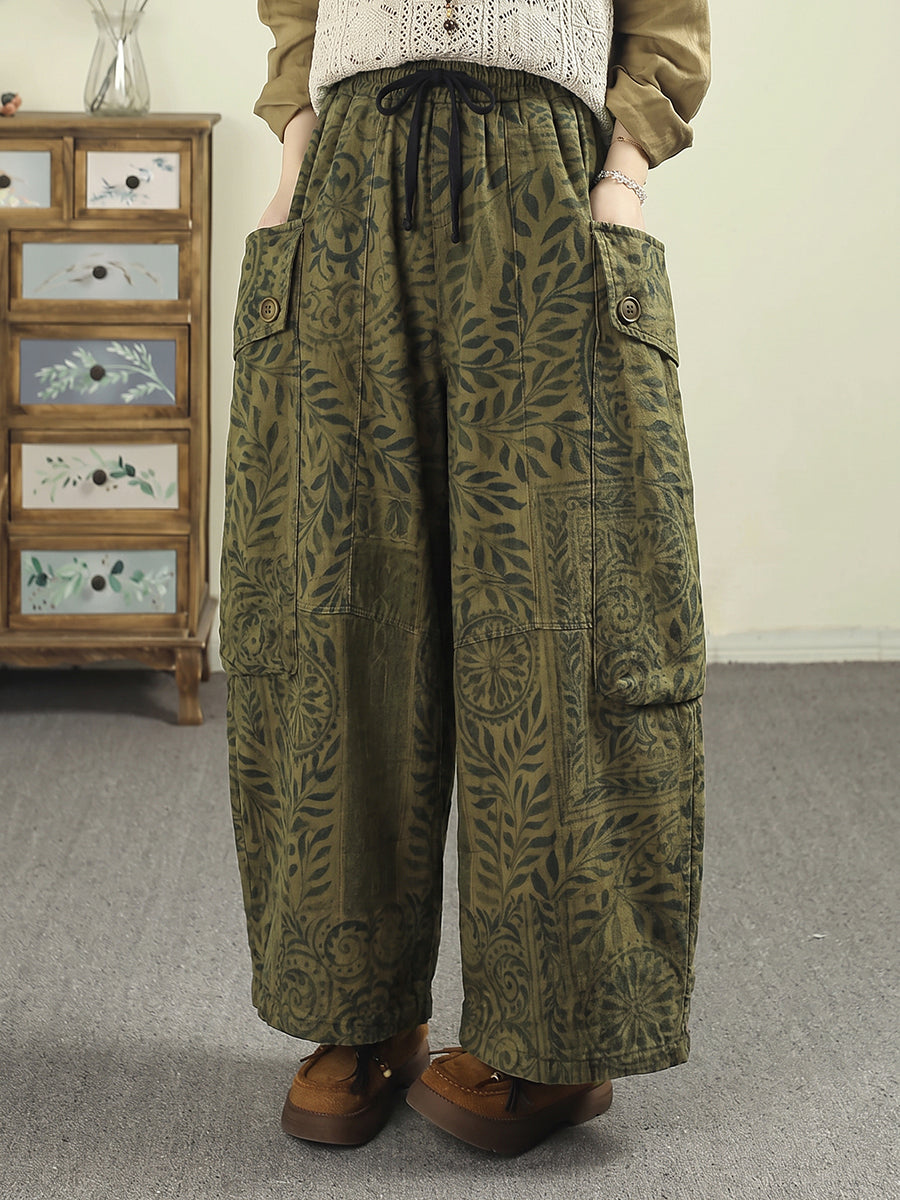 Plus Size Women Vintage Botanical Print Cargo Big Pocket Casual Loose Pants