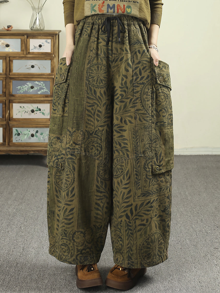 Plus Size Women Vintage Botanical Print Cargo Big Pocket Casual Loose Pants