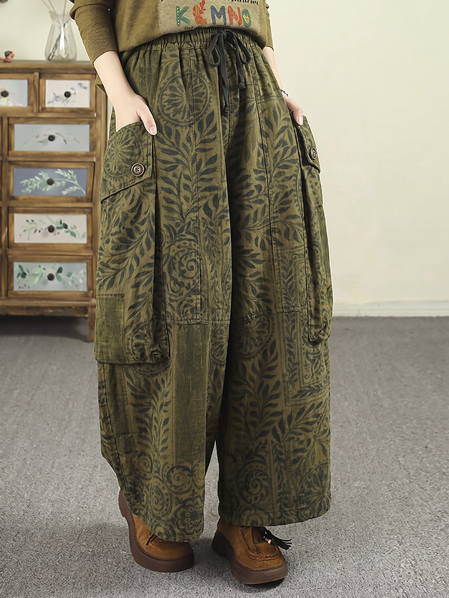 Plus Size Women Vintage Botanical Print Cargo Big Pocket Casual Loose Pants