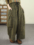 Plus Size Women Vintage Botanical Print Cargo Big Pocket Casual Loose Pants