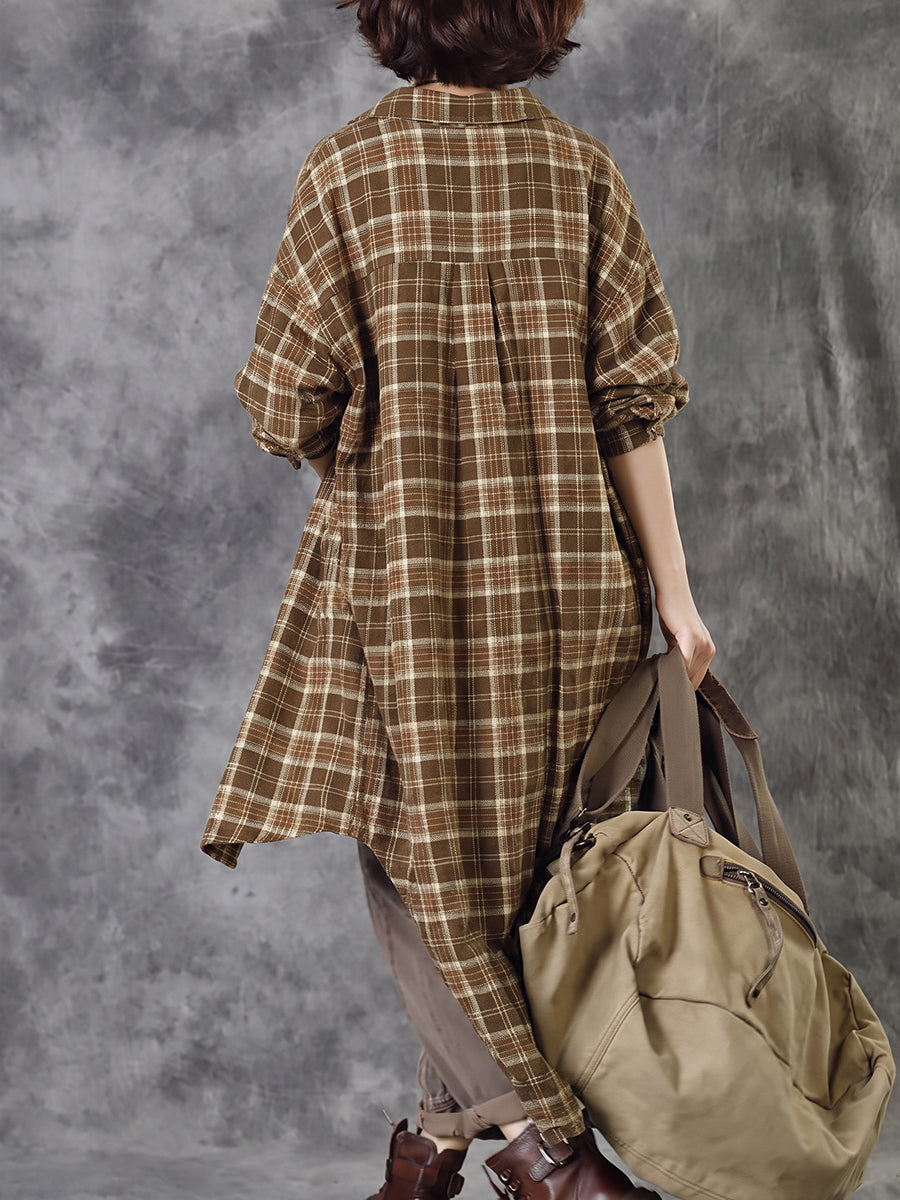 Plus Size Women Vintage Plaid Long Shirt Coat