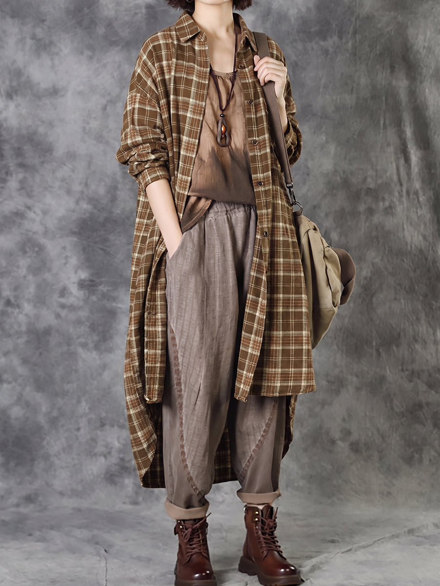 Plus Size Women Vintage Plaid Long Shirt Coat