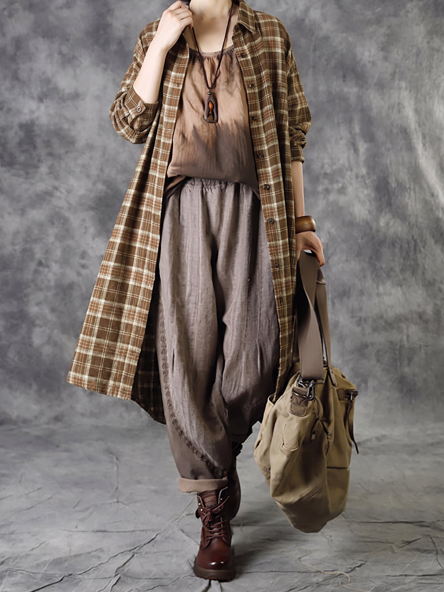 Plus Size Women Vintage Plaid Long Shirt Coat