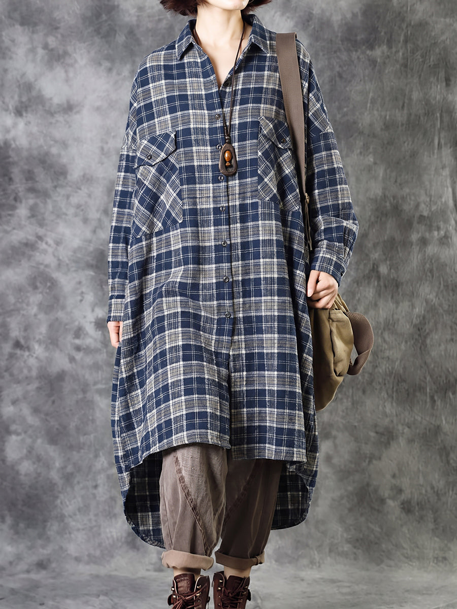 Plus Size Women Vintage Plaid Long Shirt Coat