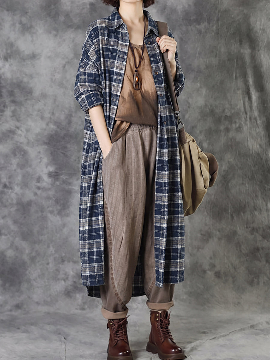 Plus Size Women Vintage Plaid Long Shirt Coat
