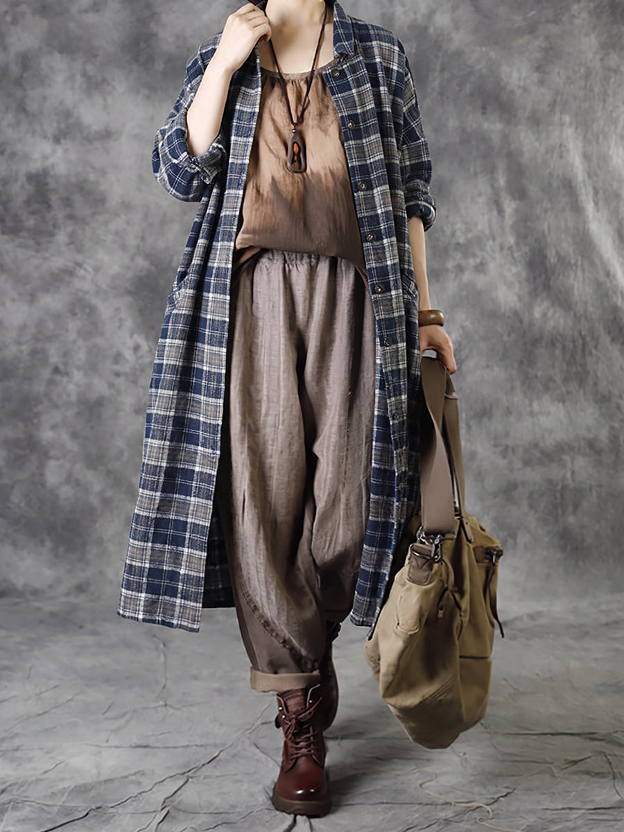 Plus Size Women Vintage Plaid Long Shirt Coat