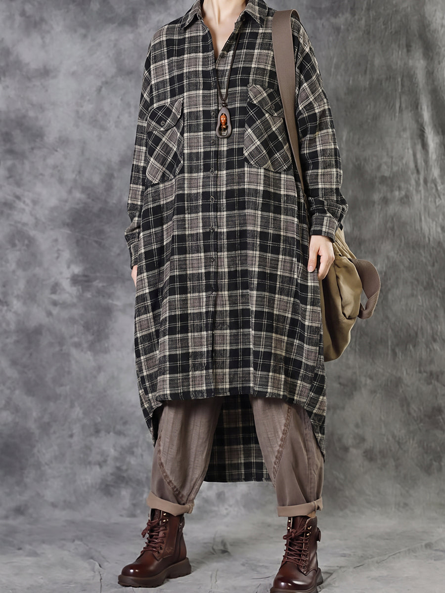 Plus Size Women Vintage Plaid Long Shirt Coat