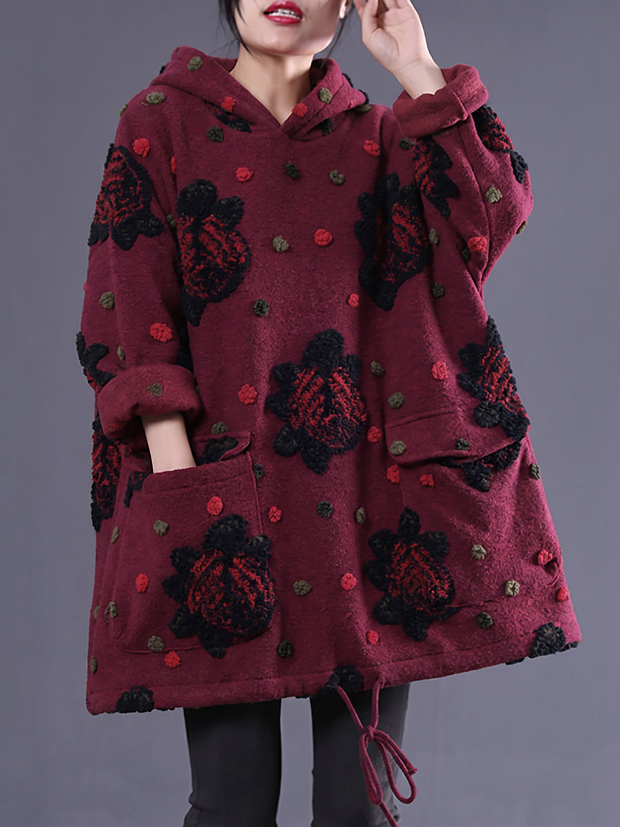 Plus Size Women Ethnic Floral Jacquard Hooded Coat