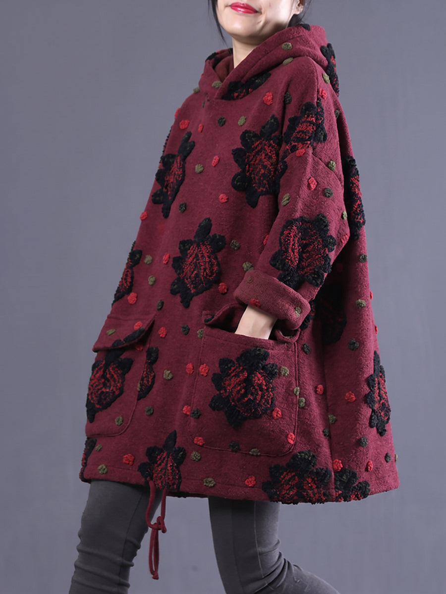 Plus Size Women Ethnic Floral Jacquard Hooded Coat