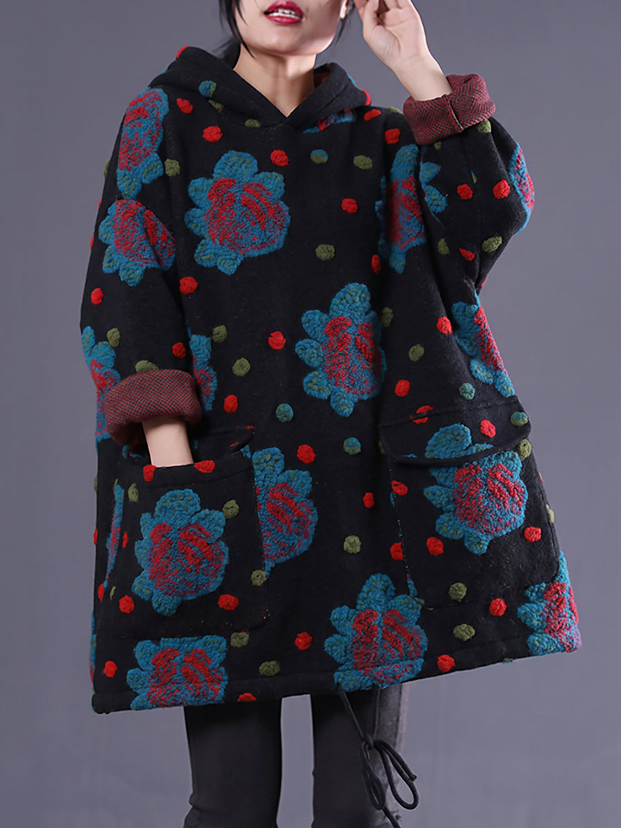 Plus Size Women Ethnic Floral Jacquard Hooded Coat