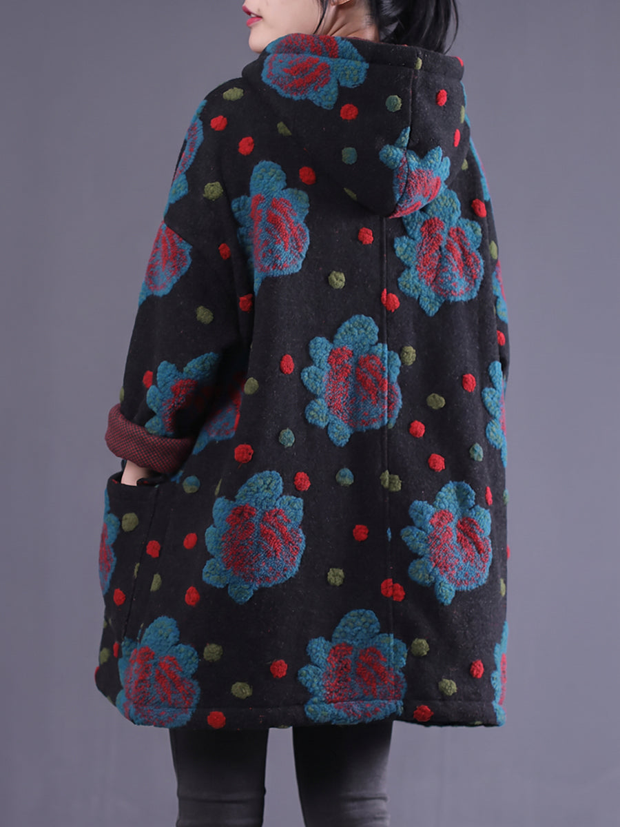 Plus Size Women Ethnic Floral Jacquard Hooded Coat