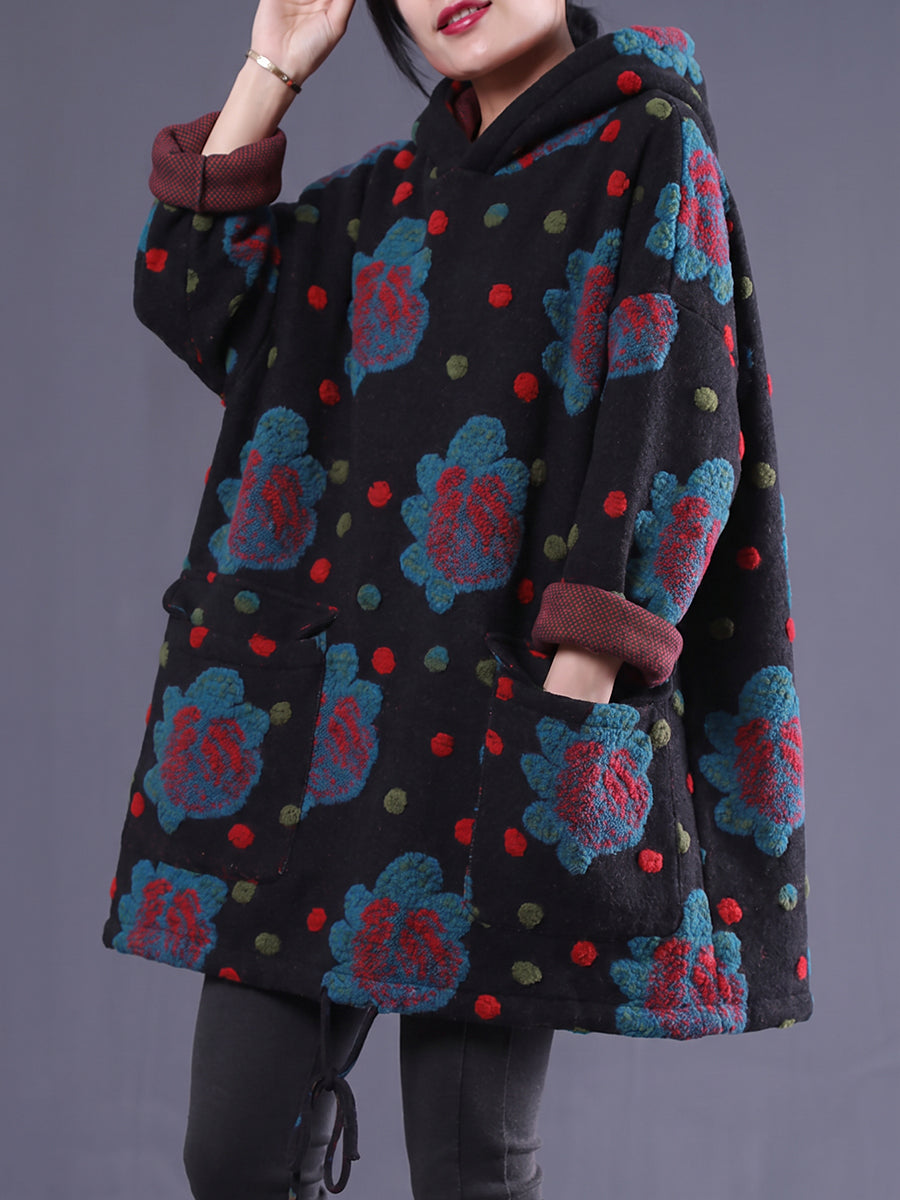 Plus Size Women Ethnic Floral Jacquard Hooded Coat