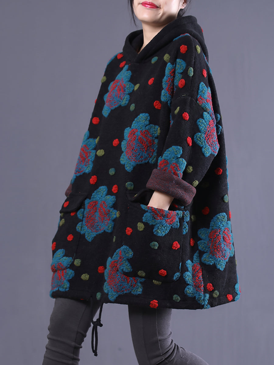 Plus Size Women Ethnic Floral Jacquard Hooded Coat