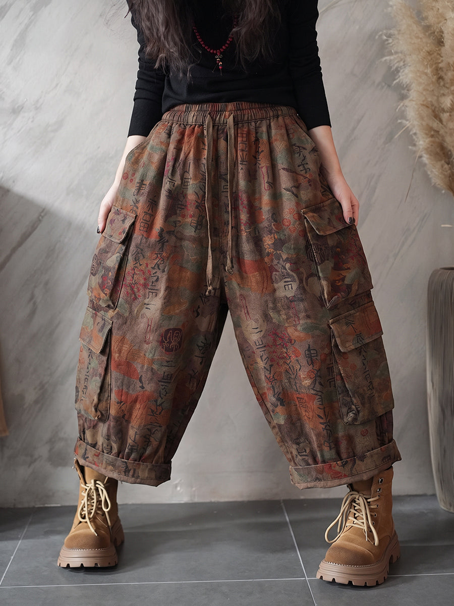 Plus Size Women Chinese Style Print Multiple Pocket Elastic Harem Pants
