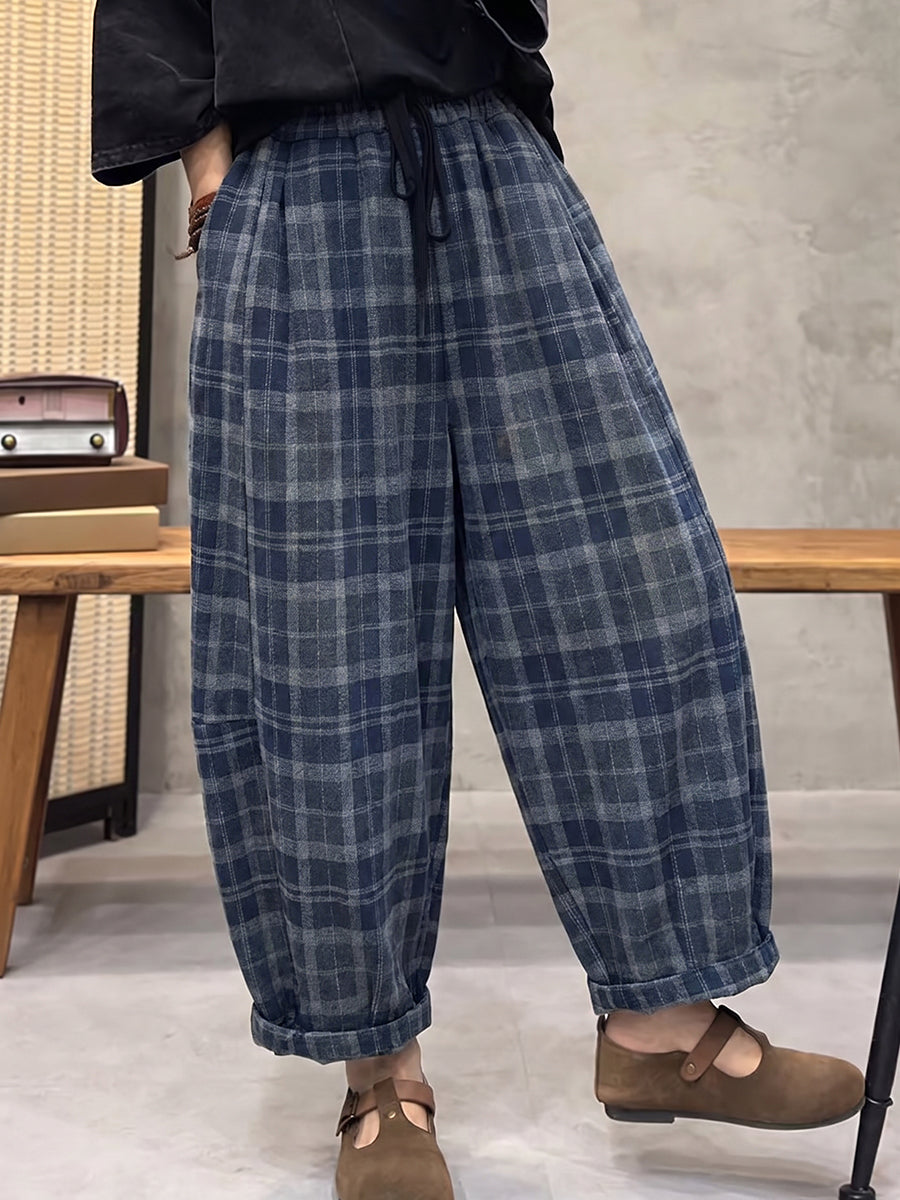 Plus Size Women Vintage Plaid Brushed Loose Harem Pants