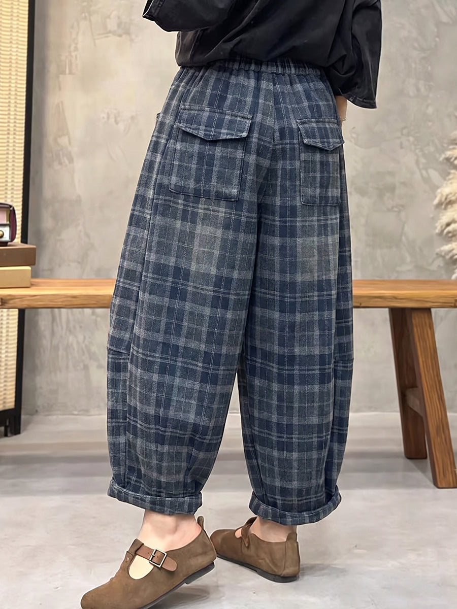 Plus Size Women Vintage Plaid Brushed Loose Harem Pants