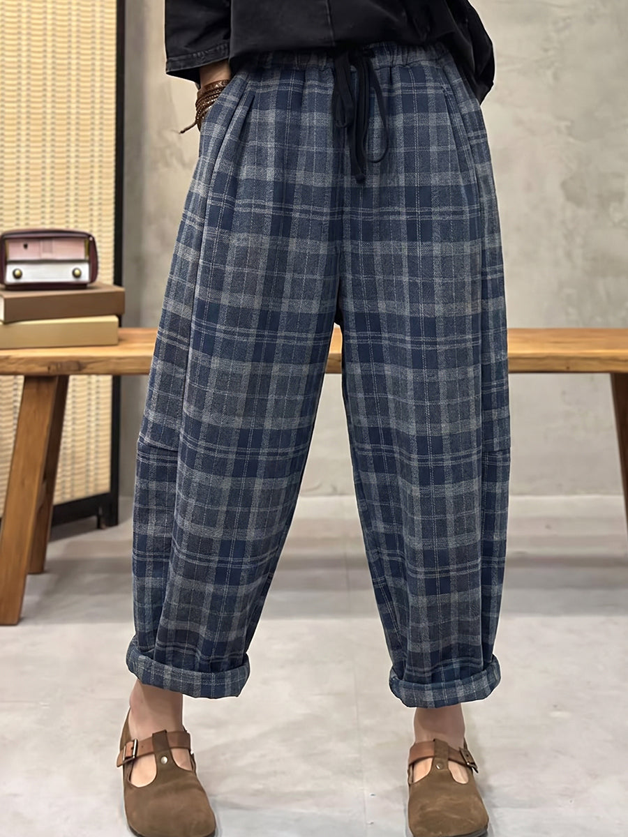 Plus Size Women Vintage Plaid Brushed Loose Harem Pants