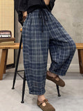 Plus Size Women Vintage Plaid Brushed Loose Harem Pants