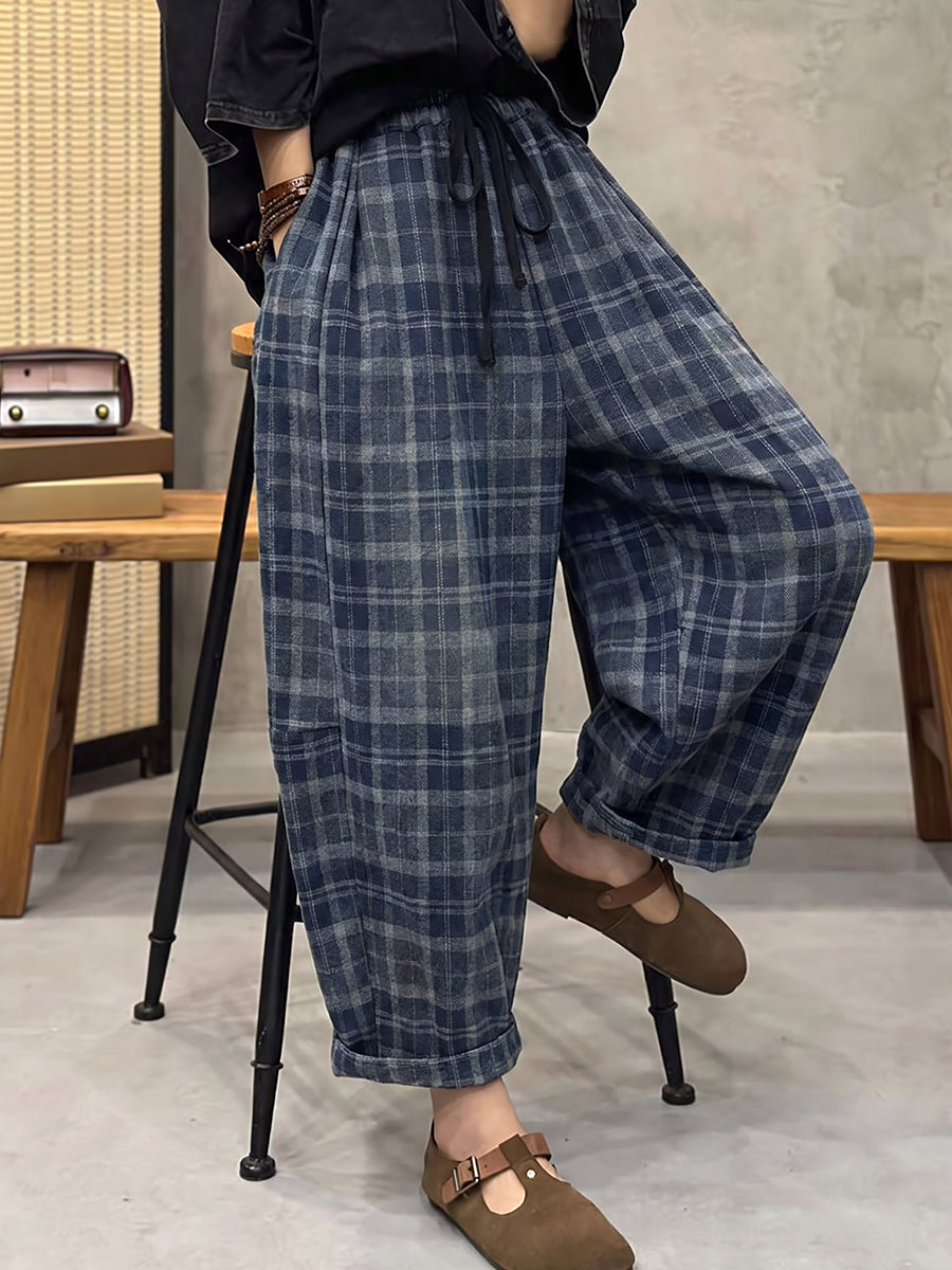 Plus Size Women Vintage Plaid Brushed Loose Harem Pants