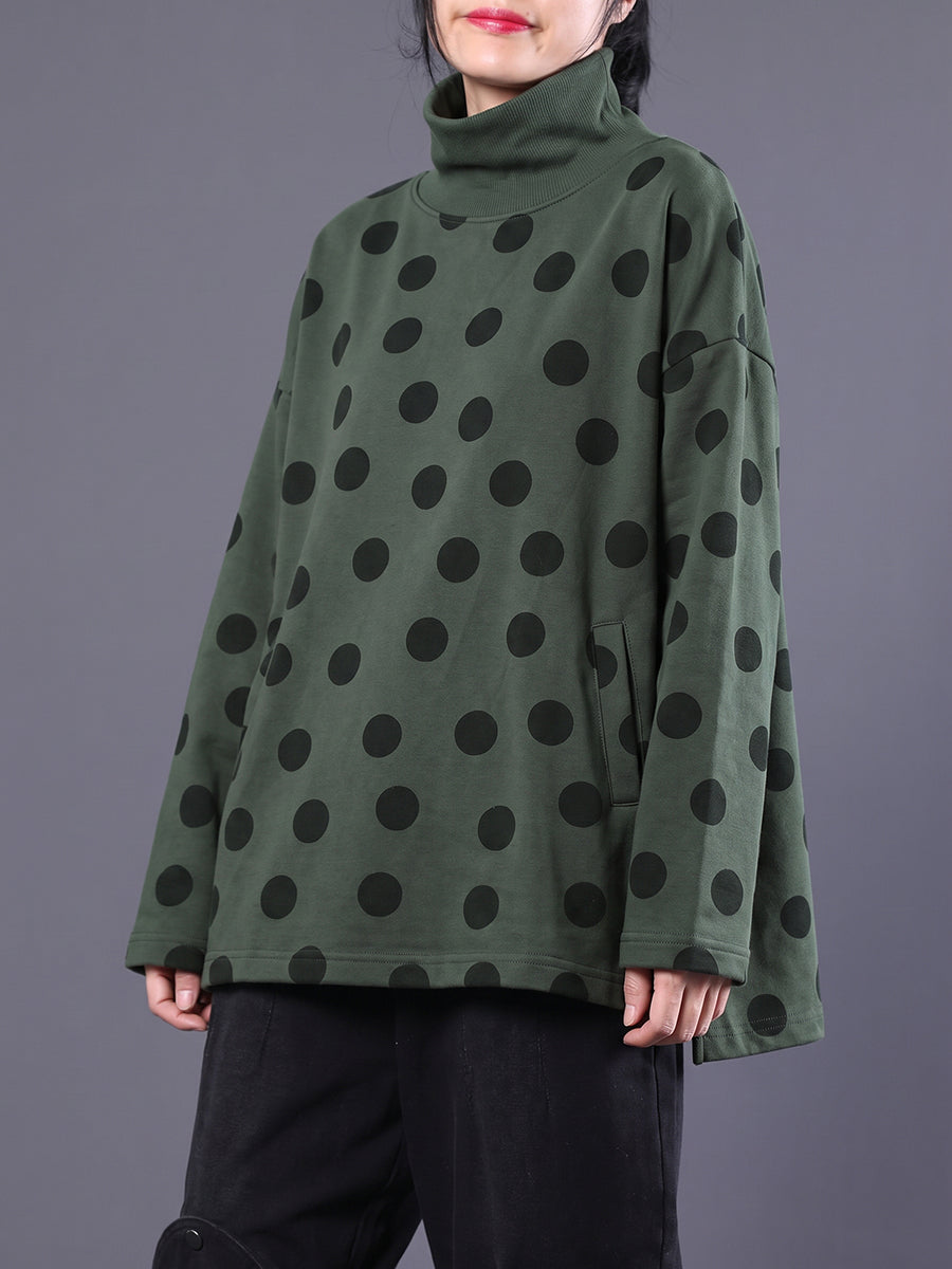 Plus Size Women Autumn Casual Dot Cotton Turtleneck Blouse