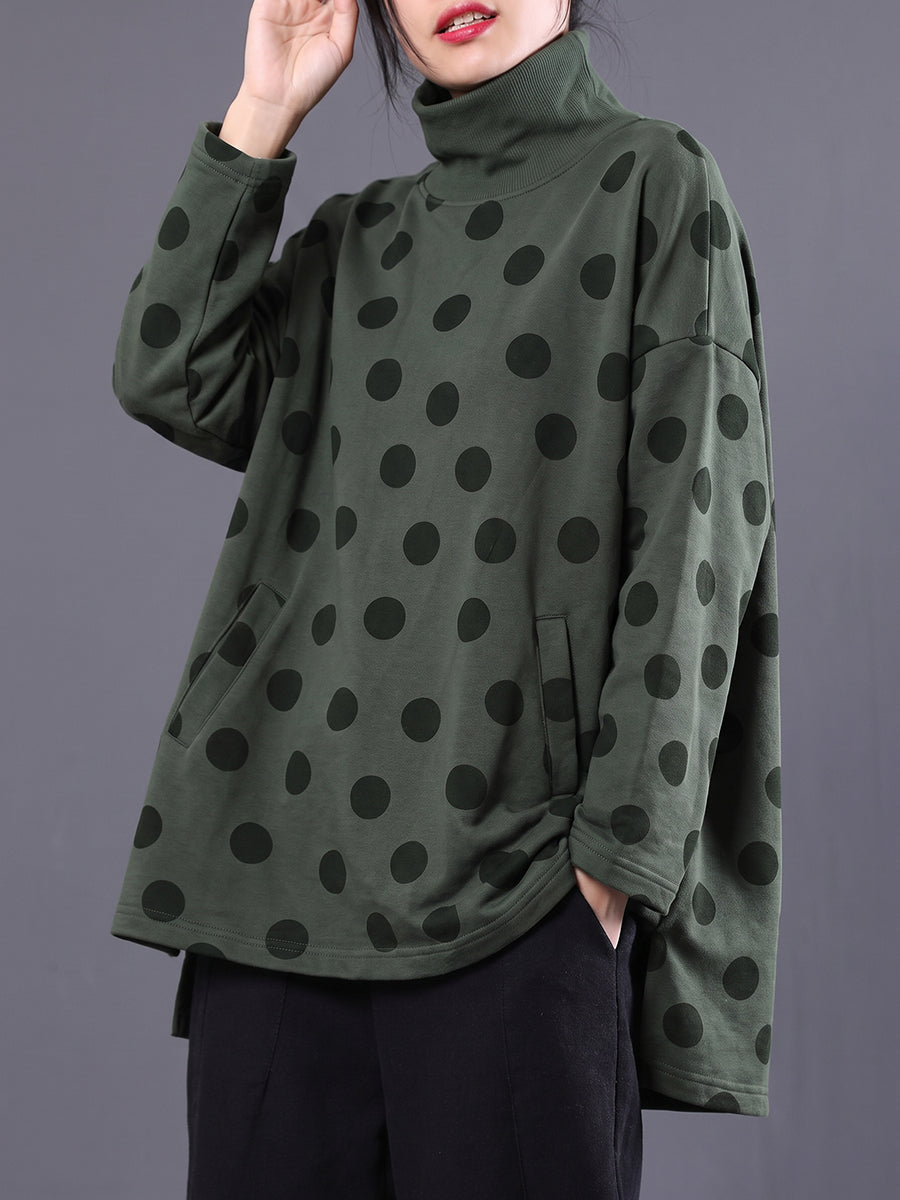 Plus Size Women Autumn Casual Dot Cotton Turtleneck Blouse