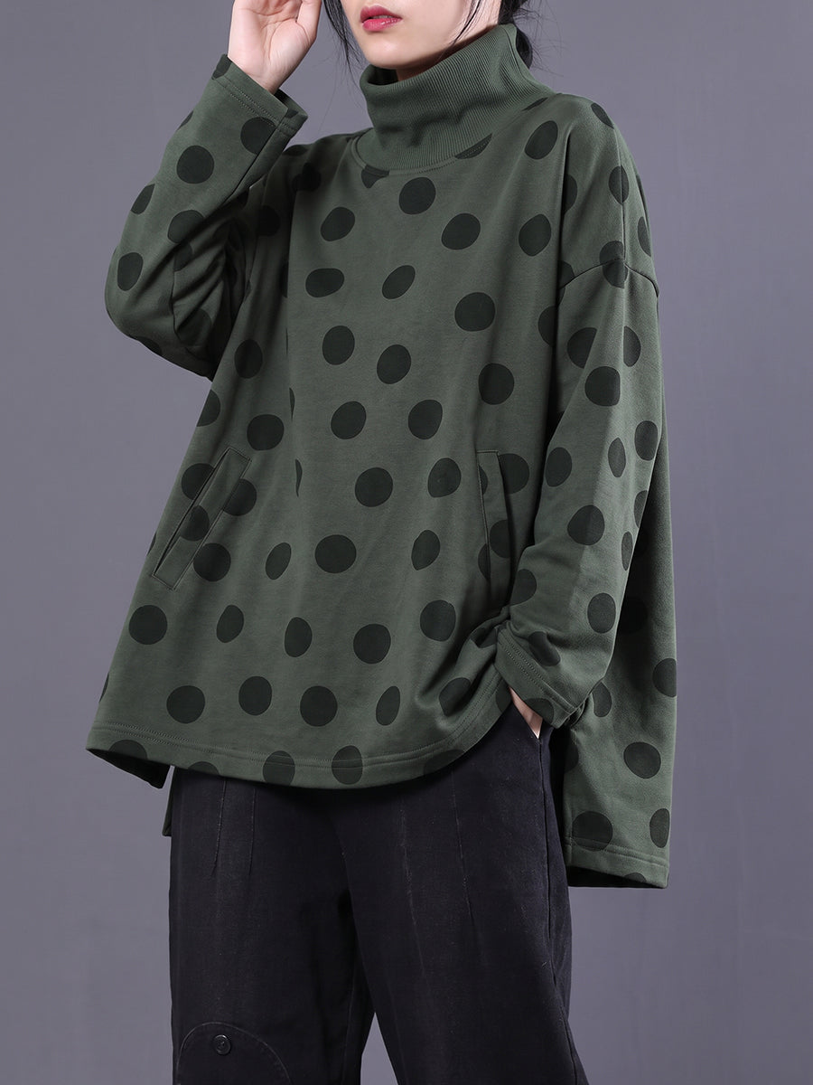 Plus Size Women Autumn Casual Dot Cotton Turtleneck Blouse