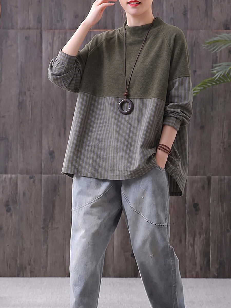 Plus Size Women Half-Turtleneck Striped Patchwork Long Sleeve Top