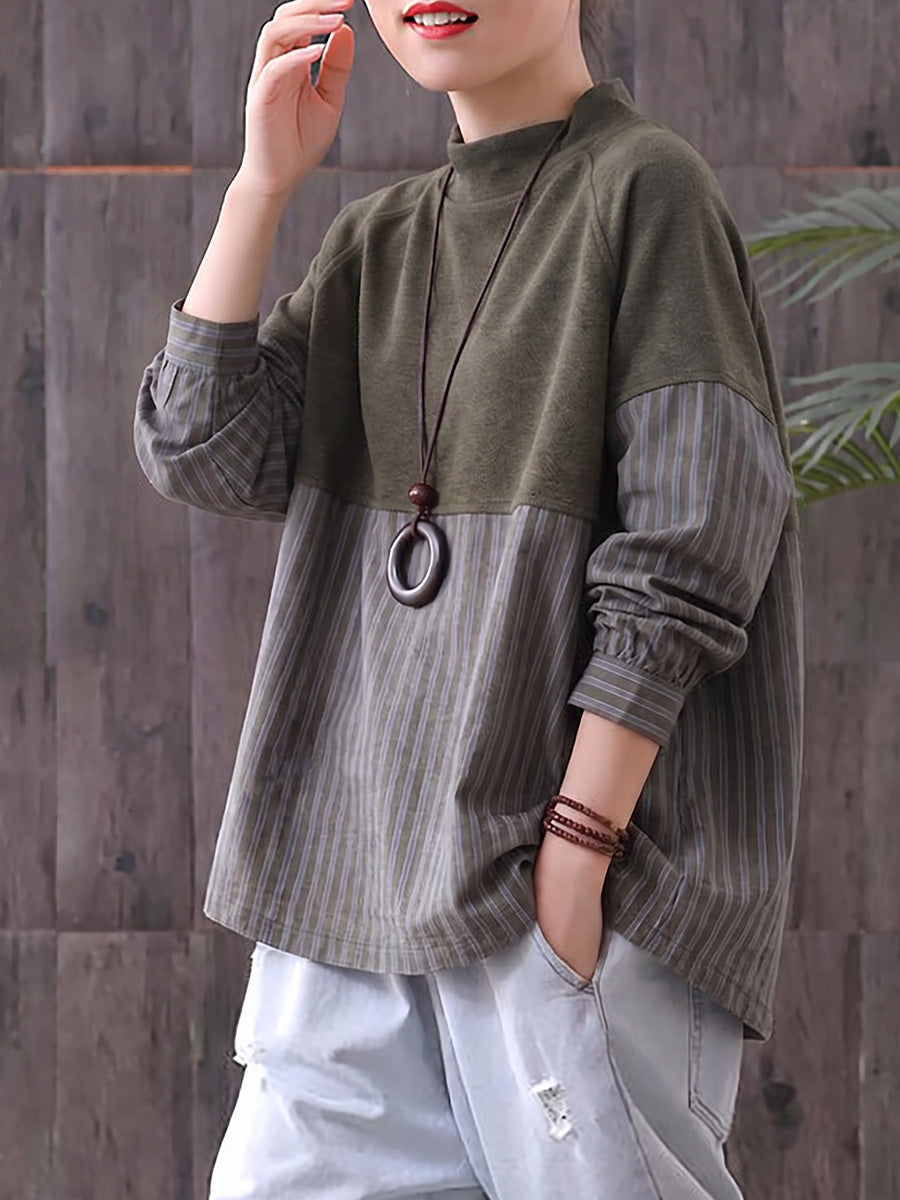Plus Size Women Half-Turtleneck Striped Patchwork Long Sleeve Top