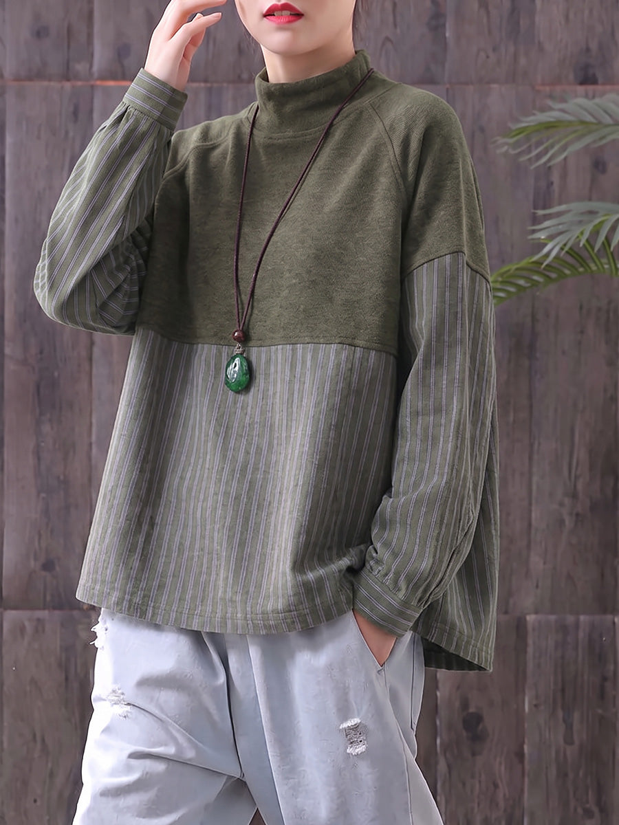 Plus Size Women Half-Turtleneck Striped Patchwork Long Sleeve Top