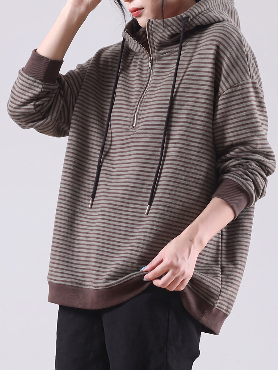 Plus Size Women Casual Striped Half-Zip Hooded Sweatshirt