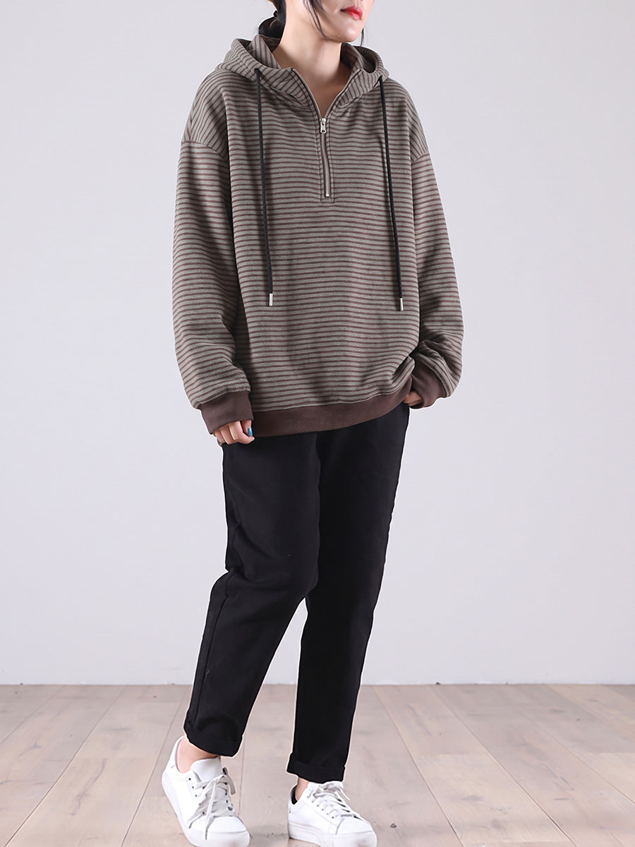 Plus Size Women Casual Striped Half-Zip Hooded Sweatshirt