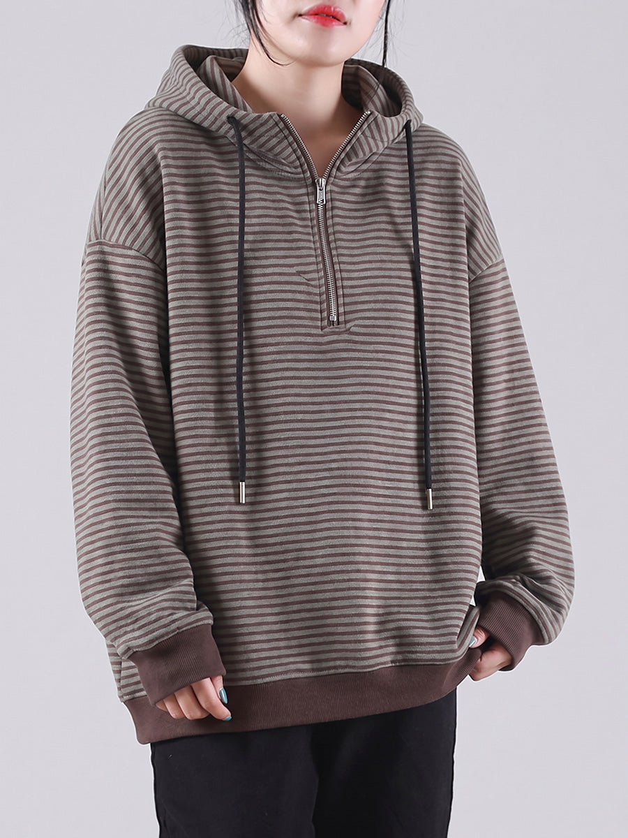 Plus Size Women Casual Striped Half-Zip Hooded Sweatshirt