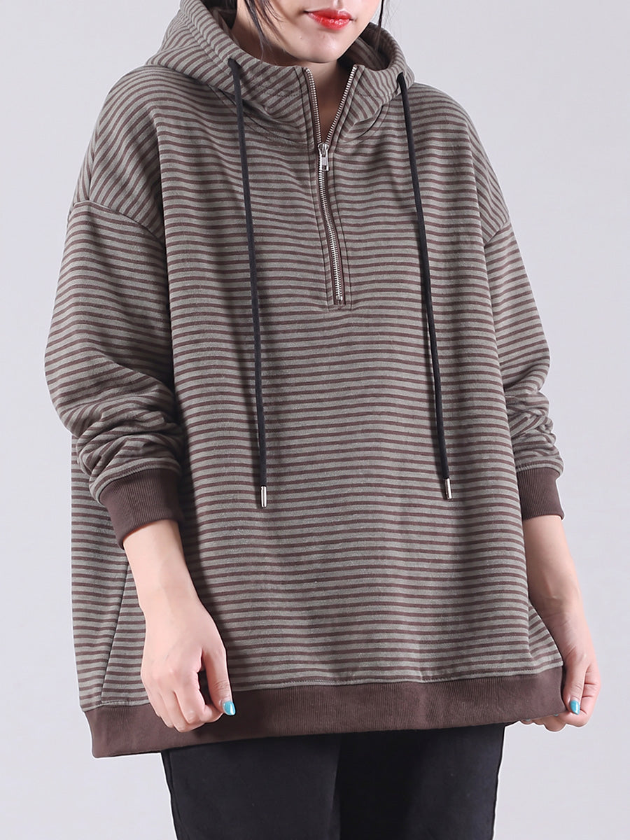 Plus Size Women Casual Striped Half-Zip Hooded Sweatshirt