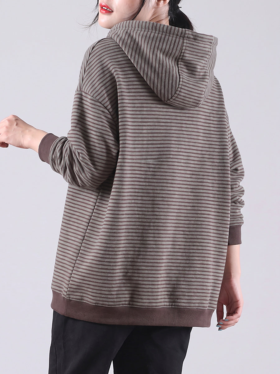 Plus Size Women Casual Striped Half-Zip Hooded Sweatshirt