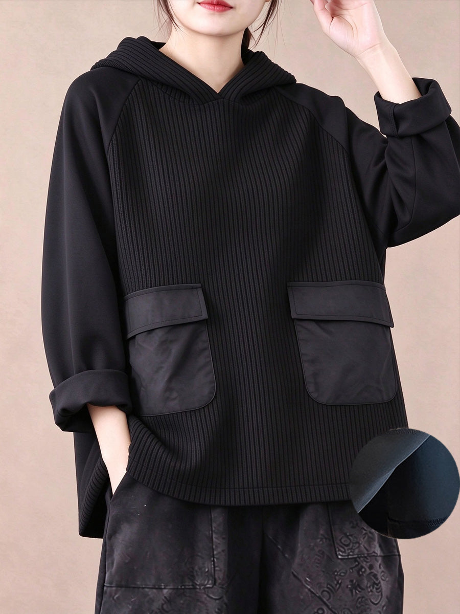 Plus Size Women Casual Loose Solid Color Bonded Patchwork Hooded Sweatshirt