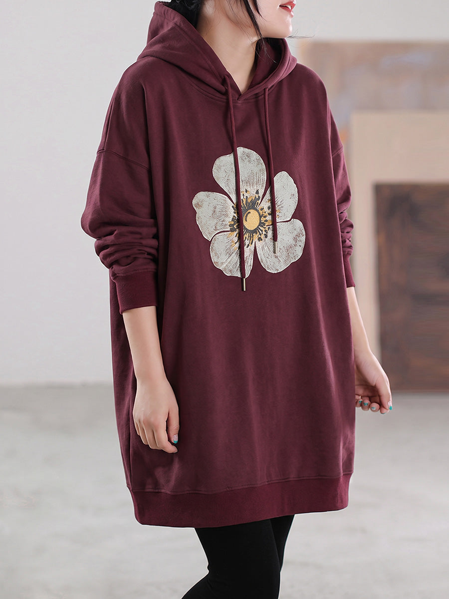 Plus Size Women Floral Printed Loose Mid-Length Sweatshirt